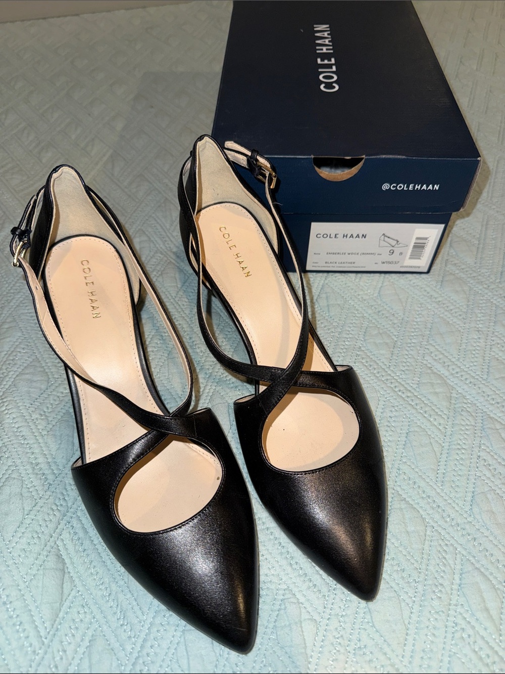 Cole Haan Black Leather Pointed Crisscross Slingback Heels